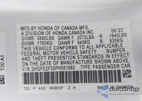 2023 Honda Civic Sport из США, поврежденный, VIN 2HGFE2F50PH561882